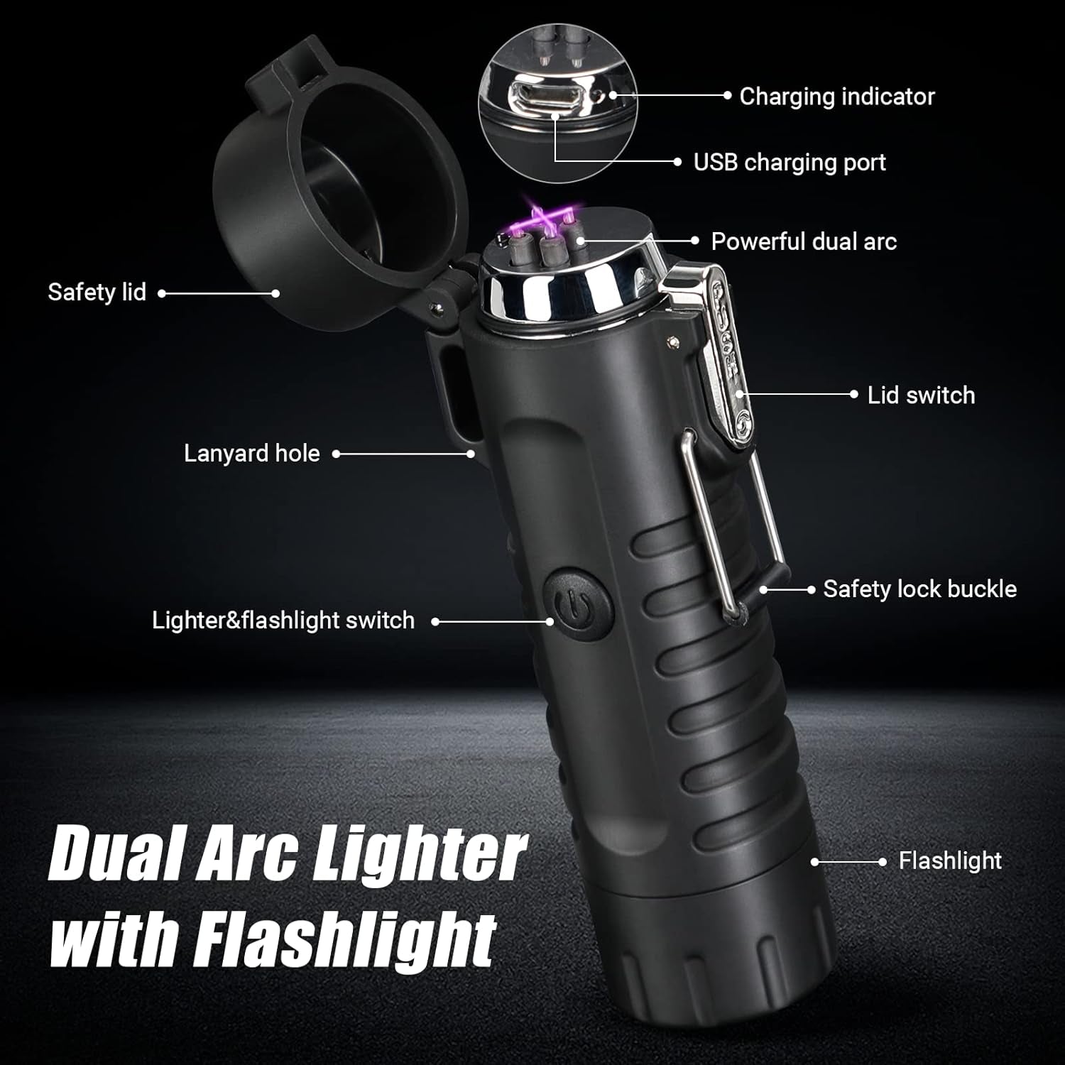 Plasma Windproof Arc Lighter Electric Lighter and LED Flashlight - 2 in 1 (Black)/5-In-1 Magnesium Fire Starter for Emergency Survival Kits, Camping, Hiking, All-Weather Magnesium Ferro Rod