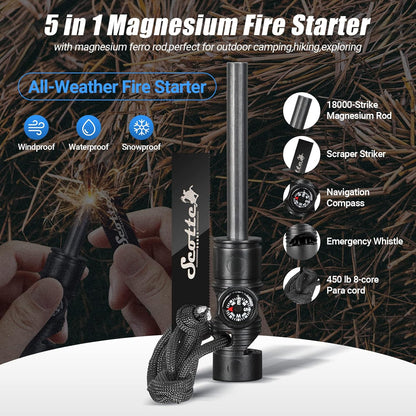 Plasma Windproof Arc Lighter Electric Lighter and LED Flashlight - 2 in 1 (Black)/5-In-1 Magnesium Fire Starter for Emergency Survival Kits, Camping, Hiking, All-Weather Magnesium Ferro Rod