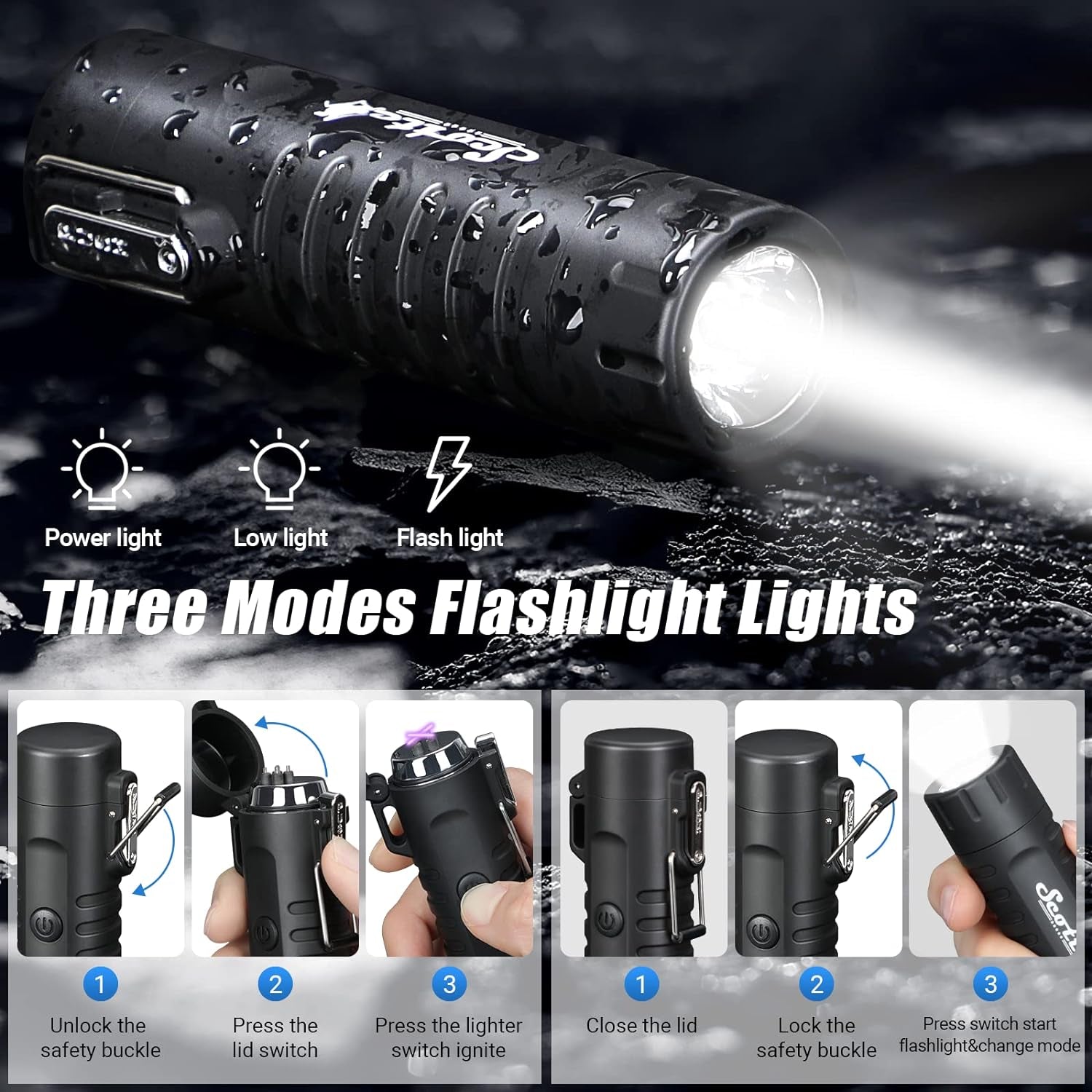 Plasma Windproof Arc Lighter Electric Lighter and LED Flashlight - 2 in 1 (Black)/5-In-1 Magnesium Fire Starter for Emergency Survival Kits, Camping, Hiking, All-Weather Magnesium Ferro Rod